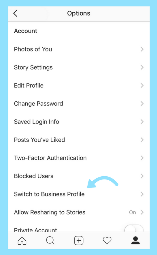 Instagram settings page showing how to convert a personal Instagram page to a business page in McKinney