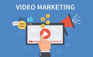 Clip art with video content marketing written across computer screen