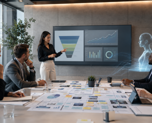 Businesswoman presenting data charts on a large wall screen to a diverse team in a conference room