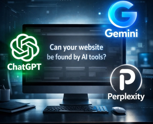 Monitor displaying the question'Can your website be found by AI tools?' with ChatGPT, Gemini, and Perplexity logos around it.