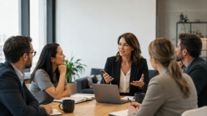 cmo | Lucé Media | Lucé Media Five professionals sit around a wooden conference table in a modern office a woman in a black blazer speaks with a laptop and notes present nearby for discussion