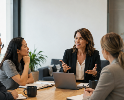 Five professionals sit around a wooden conference table in a modern office, a woman in a black blazer speaks with a laptop and notes present nearby for discussion.
