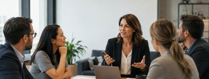 cmo | Lucé Media Five professionals sit around a wooden conference table in a modern office a woman in a black blazer speaks with a laptop and notes present nearby for discussion
