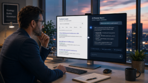 owner | Lucé Media | Lucé Media Man in a suit sits at a desk comparing traditional search results on the left monitor with an AI powered search on the right