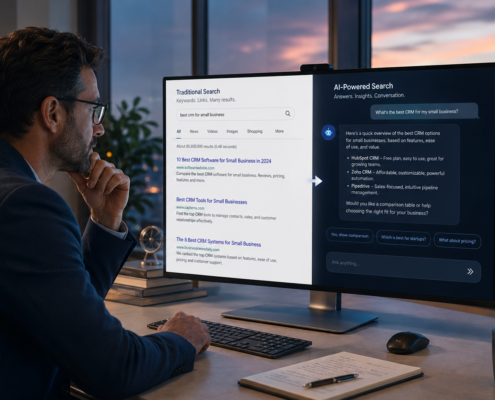 Man in a suit sits at a desk, comparing traditional search results on the left monitor with an AI-powered search on the right.