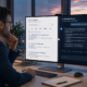 owner | Lucé Media Man in a suit sits at a desk comparing traditional search results on the left monitor with an AI powered search on the right