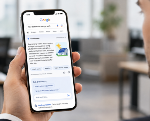 professional | Lucé Media Person in an office holds a smartphone showing a Google search about how solar energy works with a small house solar illustration on screen