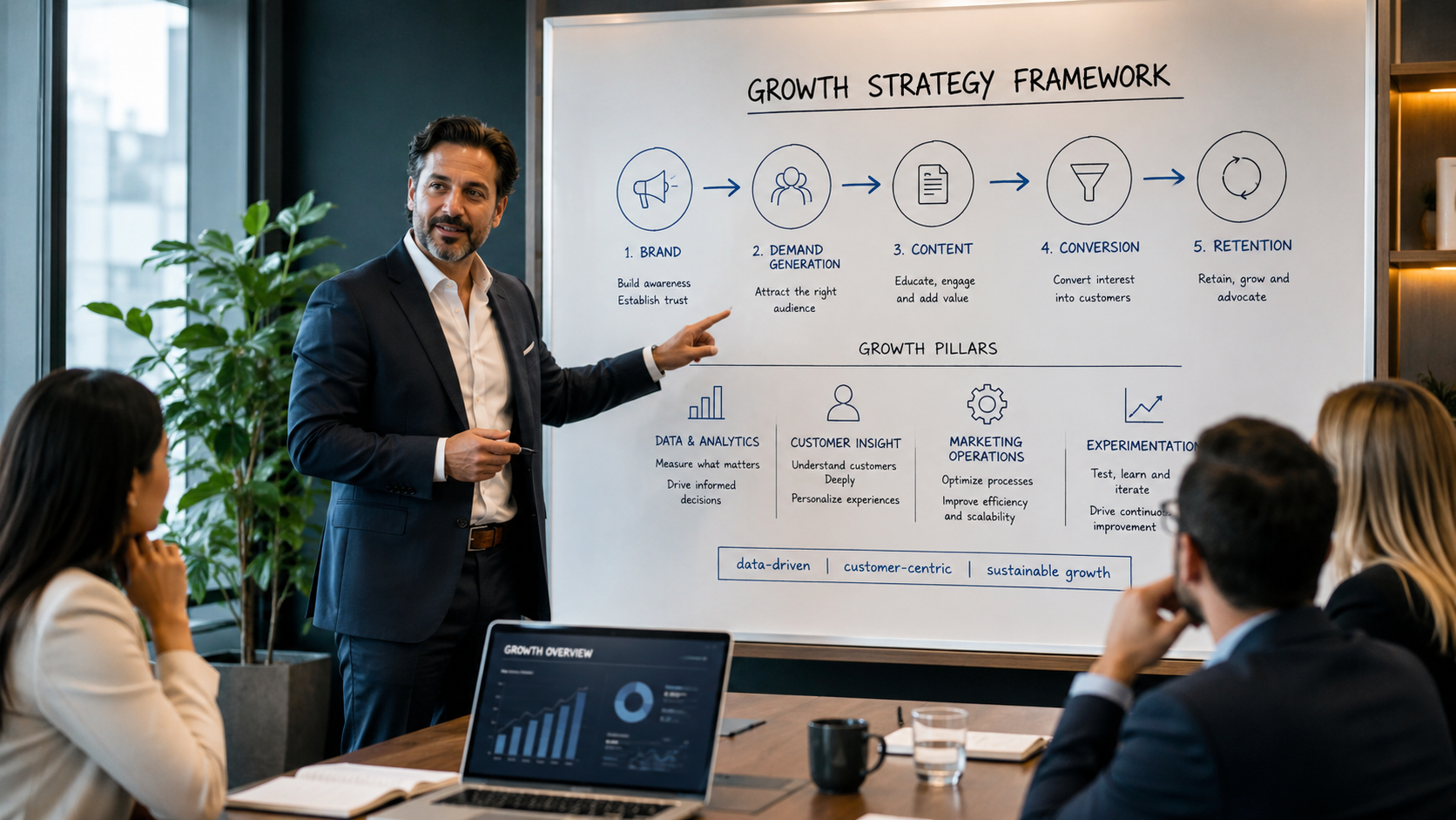 teach | Lucé Media Business presenter points to a whiteboard titled Growth Strategy Framework guiding a team through steps from Brand to Retention