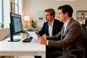 white_label-2jpg | Lucé Media | Lucé Media Two professionals in business attire review a document together while looking at a monitor displaying charts in a bright office setting