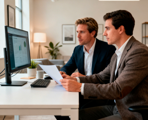 Two professionals in business attire review a document together while looking at a monitor displaying charts in a bright office setting.