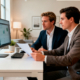Two professionals in business attire review a document together while looking at a monitor displaying charts in a bright office setting