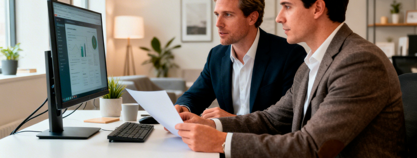 white_label-2jpg | Lucé Media Two professionals in business attire review a document together while looking at a monitor displaying charts in a bright office setting