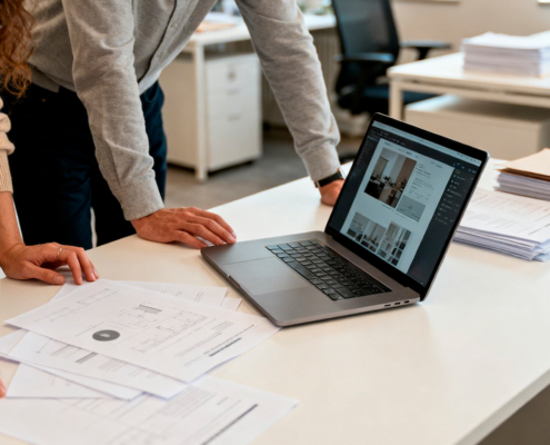 white_label_-2jpg | Lucé Media Two people lean over a white desk examining a laptop displaying design layouts while papers are spread nearby