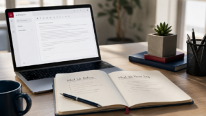 Brand Voice Documentation for AI Content Scaling | Lucé Media | Lucé Media brand voice documentation a founder writing down their companys core beliefs and differentiators for AI content scaling