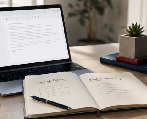 brand voice documentation -- a founder writing down their company's core beliefs and differentiators for AI content scaling