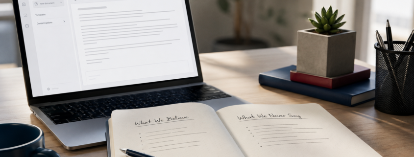 Brand Voice Documentation for AI Content Scaling | Lucé Media brand voice documentation a founder writing down their companys core beliefs and differentiators for AI content scaling