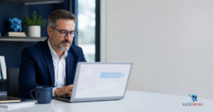 generative-engine-optimization-small-business | Lucé Media | Lucé Media Business owner reviewing an AI search result while researching Generative Engine Optimization
