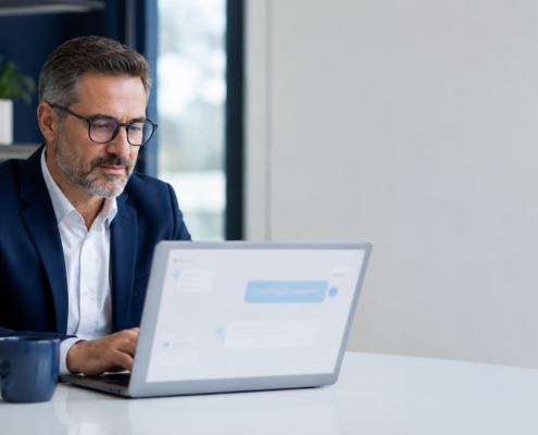 Business owner reviewing an AI search result while researching Generative Engine Optimization