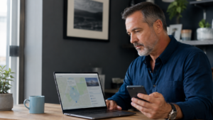 google-business-profile-new-homepage | Lucé Media | Lucé Media Business owner reviewing a Google Business Profile while planning local search visibility