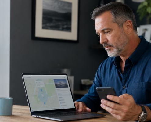 Business owner reviewing a Google Business Profile while planning local search visibility