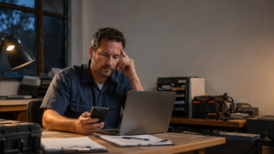 Business Owner Creating Social Media Content After Hours | Lucé Media | Lucé Media Local business owner creating social media content after a long workday