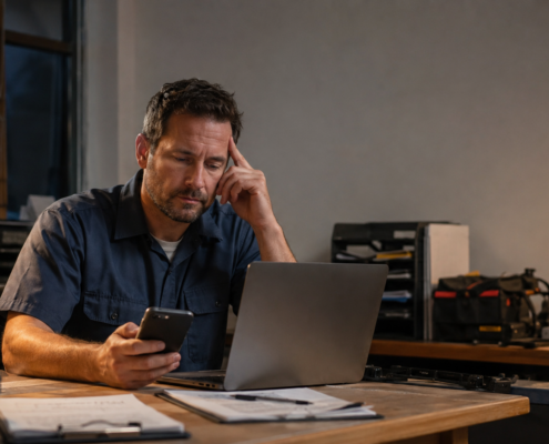 Local business owner creating social media content after a long workday