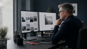 AI Content Sameness: How to Make Your Posts Stand Out | Lucé Media | Lucé Media Marketing professional comparing a feed of similar social posts against one distinct post on a laptop screen