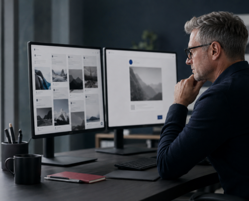 Marketing professional comparing a feed of similar social posts against one distinct post on a laptop screen