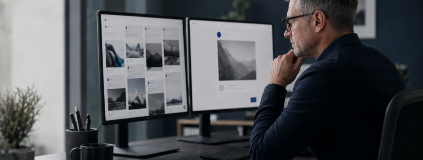 AI Content Sameness: How to Make Your Posts Stand Out | Lucé Media Marketing professional comparing a feed of similar social posts against one distinct post on a laptop screen