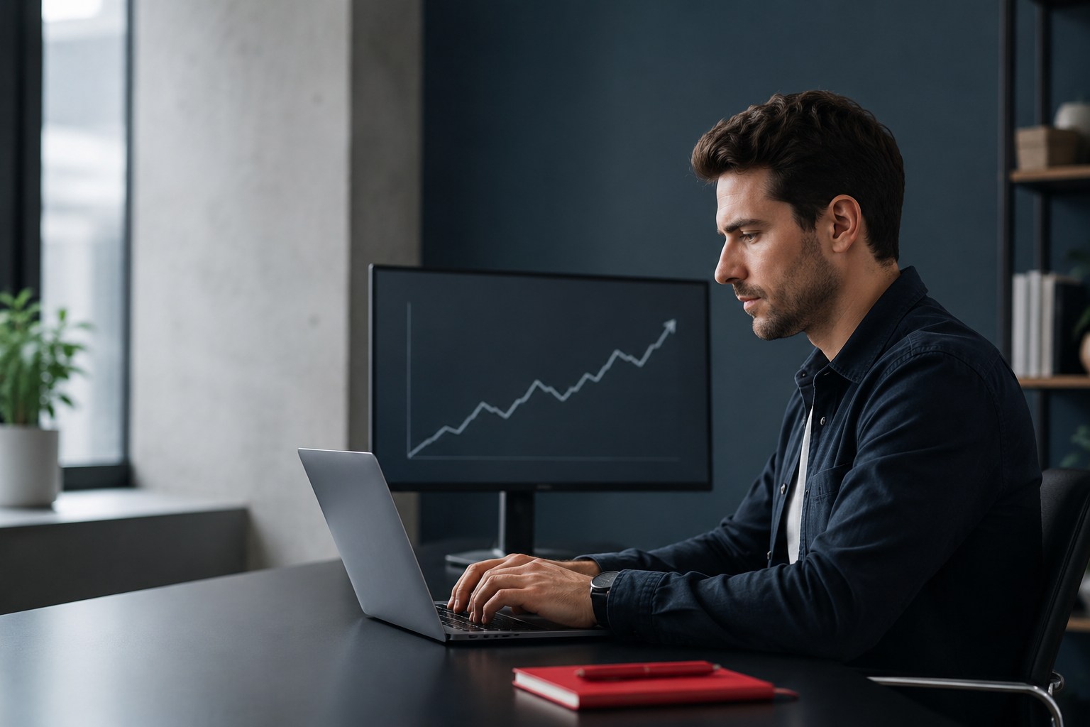 Marketing professional working at a laptop with a chart showing rising content output on a nearby monitor