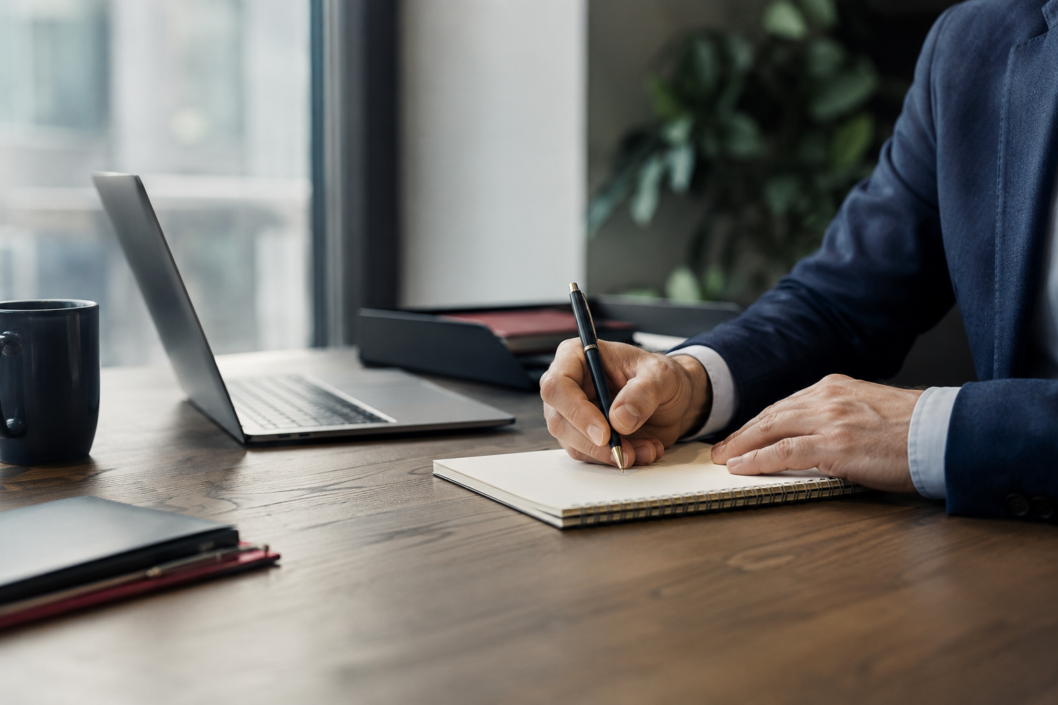 Hands writing notes on paper next to an open laptop, representing real source material for AI-assisted content