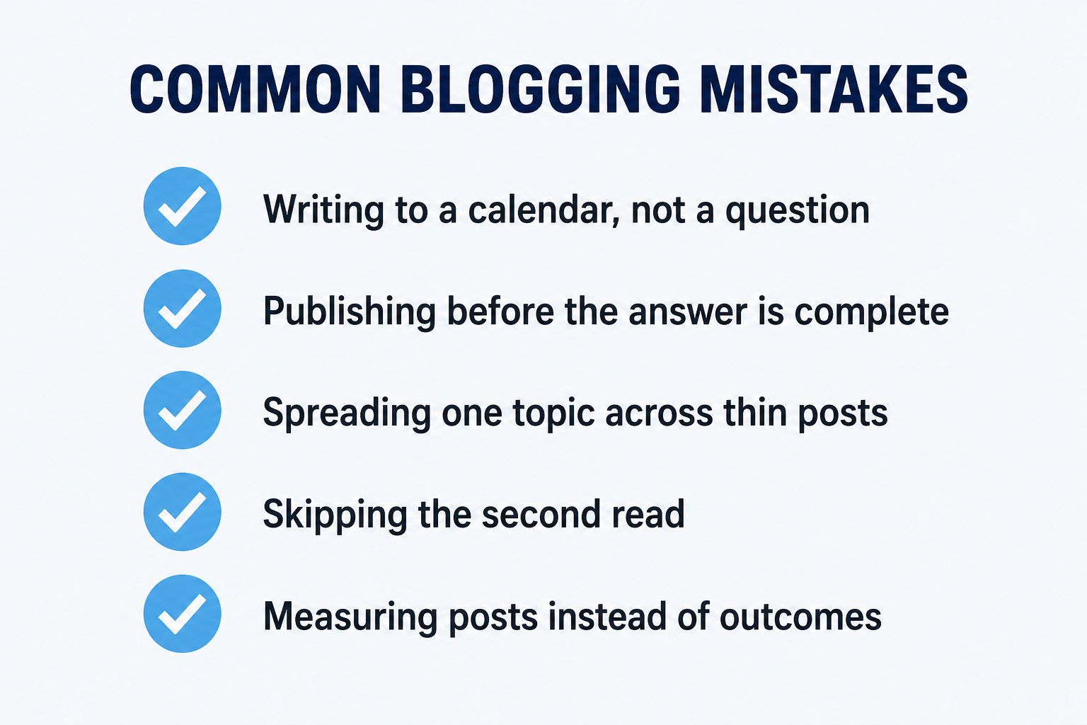 Checklist showing five common blogging mistakes, including publishing incomplete answers and measuring posts instead of outcomes.