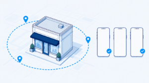 Geofencing Advertising for Local Businesses | Lucé Media | Lucé Media Local storefront surrounded by a geofenced audience zone with ad eligible smartphones