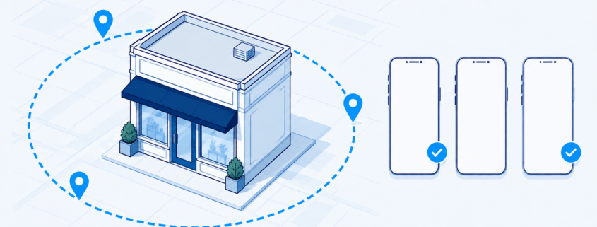 Geofencing Advertising for Local Businesses | Lucé Media Local storefront surrounded by a geofenced audience zone with ad eligible smartphones