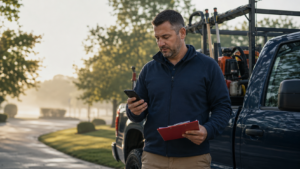 Local Business Owner Pausing Between Jobs | Lucé Media | Lucé Media Utility worker in a navy jacket stands by a work truck looking at his smartphone and holding a red clipboard with papers visible near the door