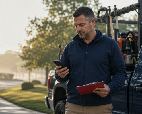 Utility worker in a navy jacket stands by a work truck, looking at his smartphone and holding a red clipboard with papers visible near the door.