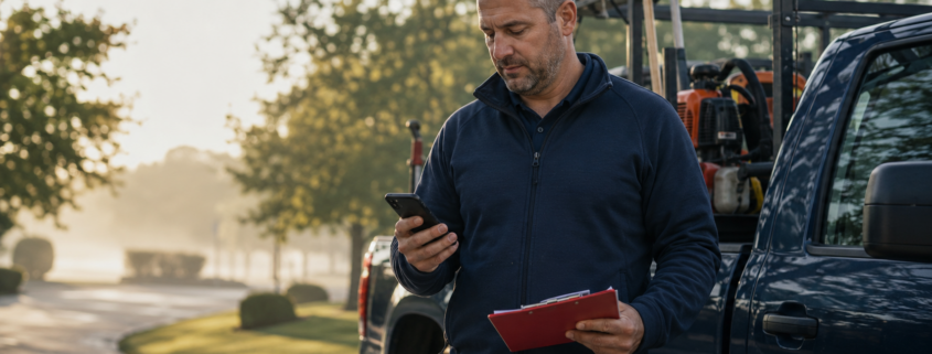 Local Business Owner Pausing Between Jobs | Lucé Media Utility worker in a navy jacket stands by a work truck looking at his smartphone and holding a red clipboard with papers visible near the door