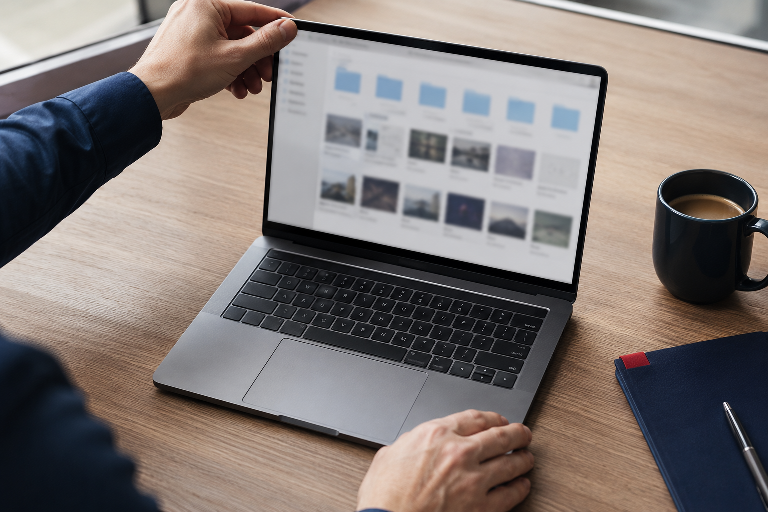 Hands reviewing a laptop folder of prepared social media content for local businesses
