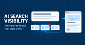 AI search visibility graphic showing an AI answer panel with one highlighted source citation linked to a business website
