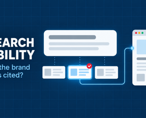 AI search visibility graphic showing an AI answer panel with one highlighted source citation linked to a business website