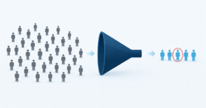 Audience-First SEO Featured Image | Lucé Media | Lucé Media Diagram of a large crowd of search visitors narrowing to a small highlighted group of ideal customers illustrating audience first SEO