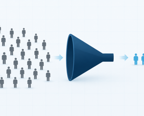 Diagram of a large crowd of search visitors narrowing to a small highlighted group of ideal customers, illustrating audience-first SEO