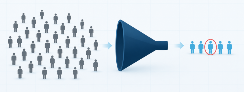 Audience-First SEO Featured Image | Lucé Media Diagram of a large crowd of search visitors narrowing to a small highlighted group of ideal customers illustrating audience first SEO