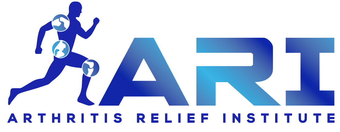 Arthritis Relief Institute logo with a blue running figure and globe joint icons, followed by gradient blue 'ARTI' and text 'Arthritis Relief Institute' underneath.