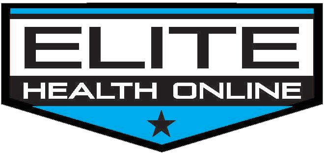 Elite Health Online logo: shield badge with bold 'ELITE' text, 'HEALTH ONLINE' in a black stripe, blue chevron and a black star.