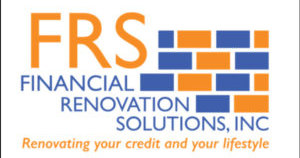 FRS Financial Renovation Solutions, Inc. logo with orange 'FRS' and blue brick motif; tagline: 'Renovating your credit and your lifestyle' in orange.