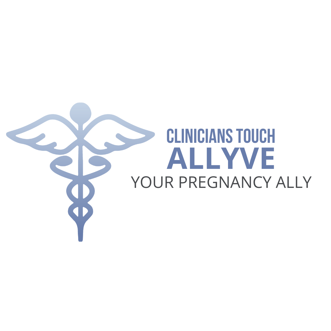 Medical logo featuring a blue caduceus symbol with the text 'CLINICIANS TOUCH ALLYVE' and the subtitle 'YOUR PREGNANCY ALLY' in blue-gray.