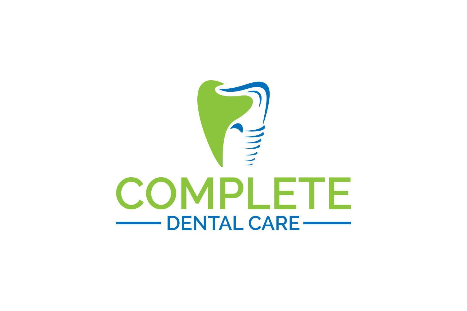 Logo for Complete Dental Care featuring a green tooth mark with blue accents and the text 'COMPLETE DENTAL CARE' in green and blue above two horizontal lines.