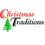Logo for Christmas Traditions with red 'Christmas', black 'Traditions', and a green Christmas tree between them.