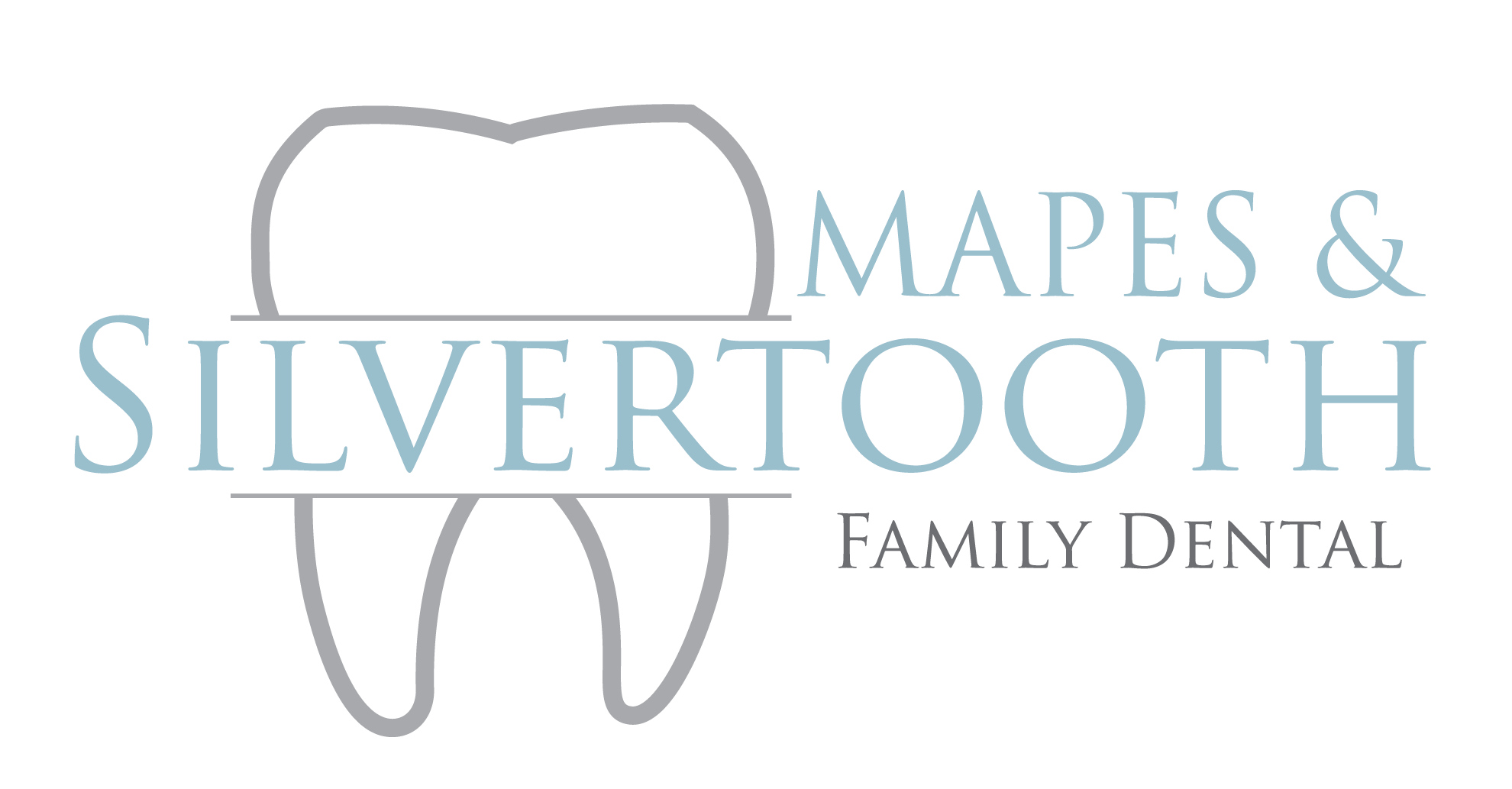 Logo for Maps & Silvertoth Family Dental, featuring a gray tooth outline behind blue text 'MAPES & SILVERTOOTH' with 'Family Dental' in gray.